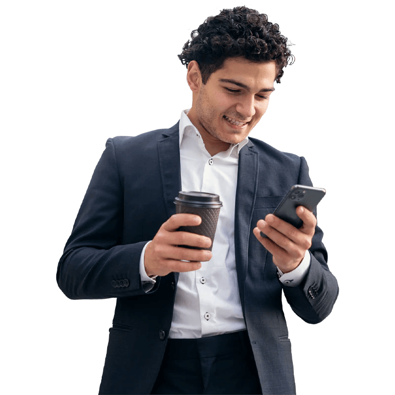 man with coffee and phone