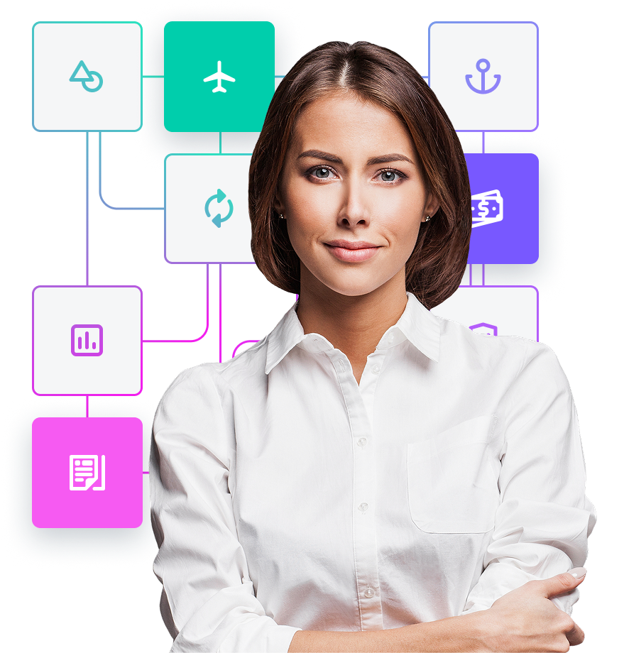 A person wearing a shite shirt, with various icons related to travel, finance, and data 