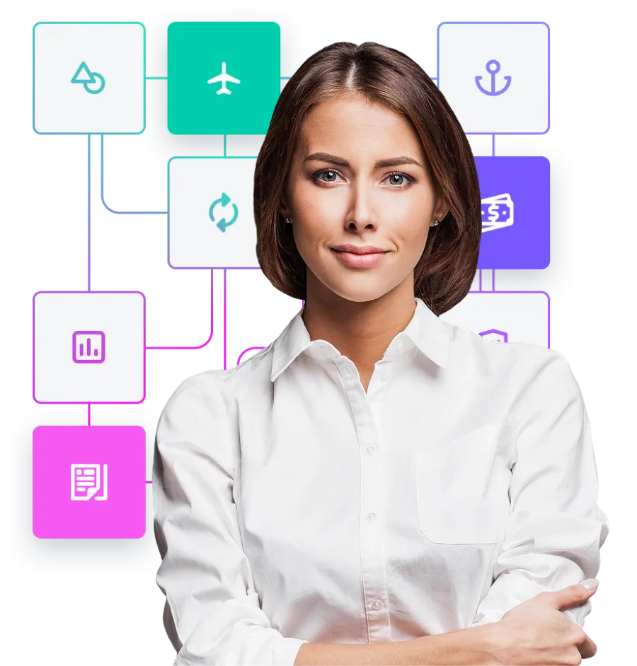 A person wearing a shite shirt, with various icons related to travel, finance, and data 