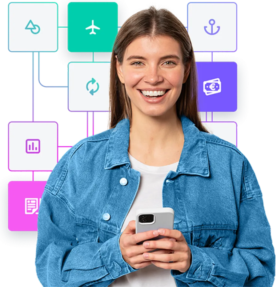 A person wearing a shite shirt, with various icons related to travel, finance, and data 