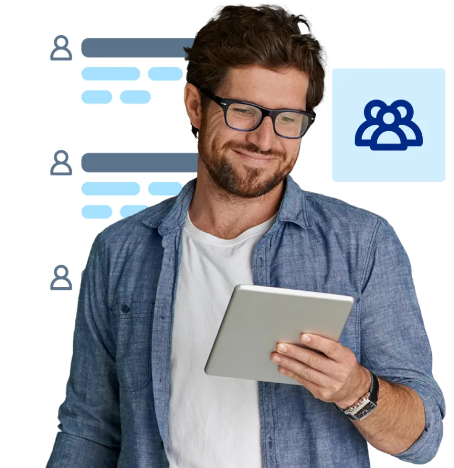 Man looking at tablet while smiling